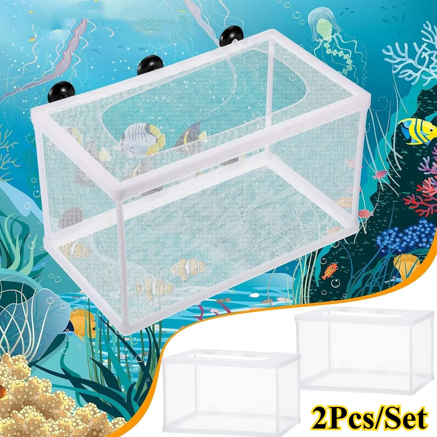 2-Piece Large Transparent Aquarium Fish Breeder Isolation Box Tool Kit, 10.3x5.9x5.9 inches Plastic Frame, Soft Polyester Net, Suction Cups, Easy to Install for Fry Separation, Juvenile Safe Fish Tank Use, Separates Fry