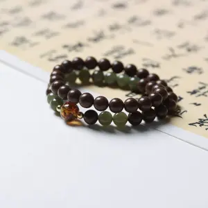 Traditional Handmade Herbal Incense Bead Bracelet DIY with Amber & Jade Accessories, Cultural Play Jewelry for Men, Ethnic Style Bracelet for Women