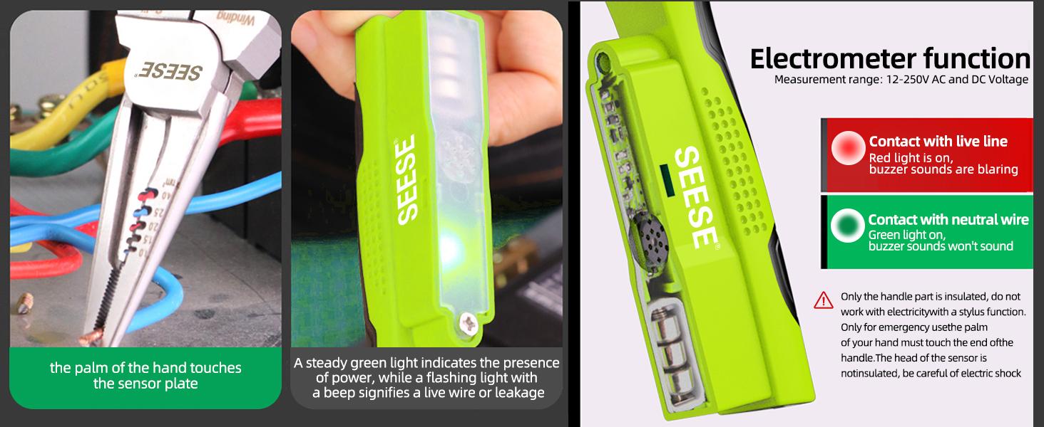 SEESE 8 in 1 Wire Stripper Twister for Cutting and Pulling Wires, Voltage Tester Pliers,Cable Scissors, 12V to 250V Live,Null,Hot Wire Judgment AC DC, Audible and Flashing LED Alarms
