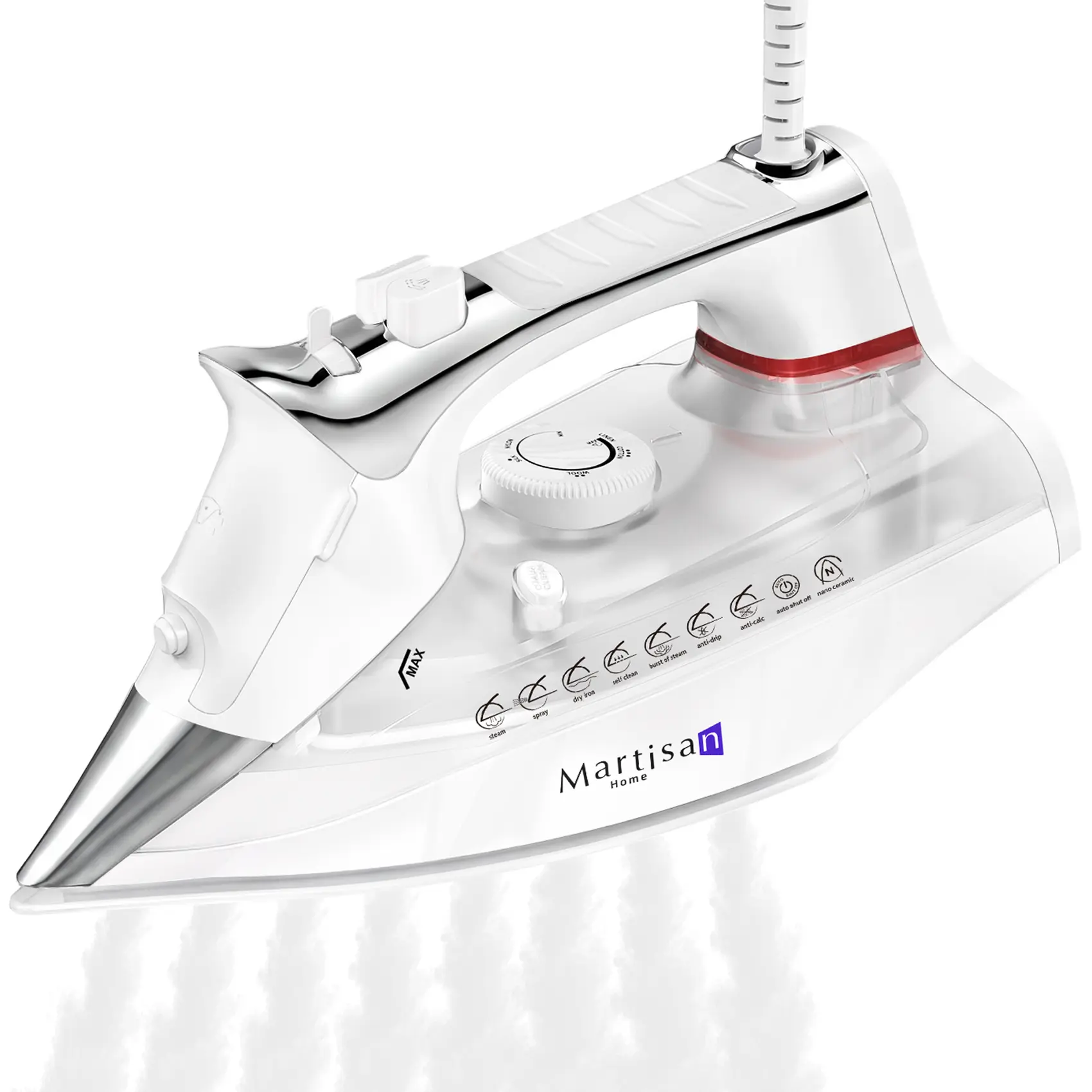 Martisan 1800W Strong Steam Iron - Nano Ceramic Soleplate, 140g/min Dynamic Steam Boost, 15s Fast Heat-up, 1.3x Larger Soleplate, Smart Temp Control, Auto Off, Self-Clean, Anti-drip, Anti-Calc, Manufacturer Warranty