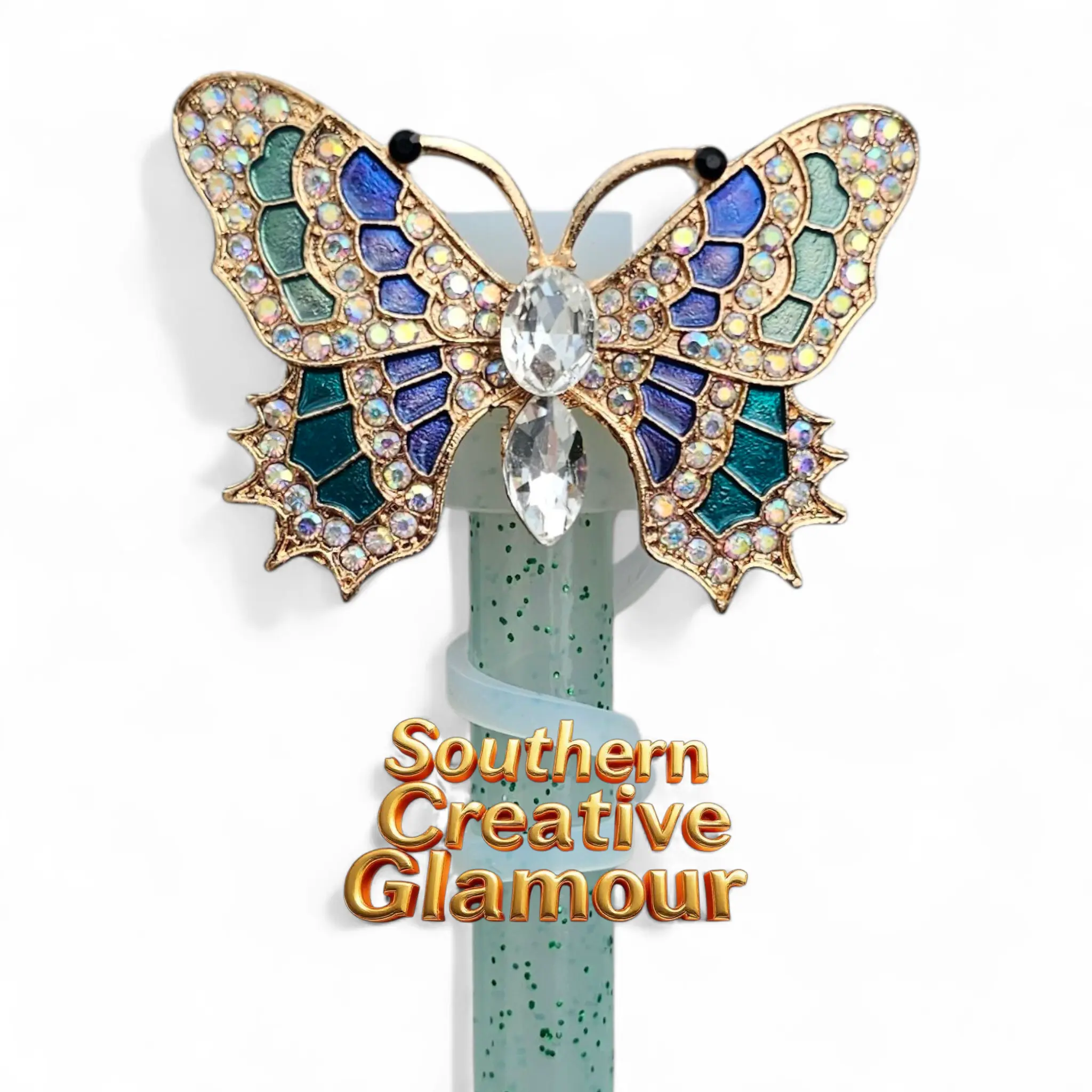 Diamond Butterfly Silicone 10mm Straw Topper -  Blue & Green