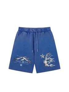 American Vintage Dark Streetwear Shorts, Graphic Letter & Star Flame Print, Loose-Fit Casual Summer Pants, Men's Fashion Sportswear, Daily Casual Shorts