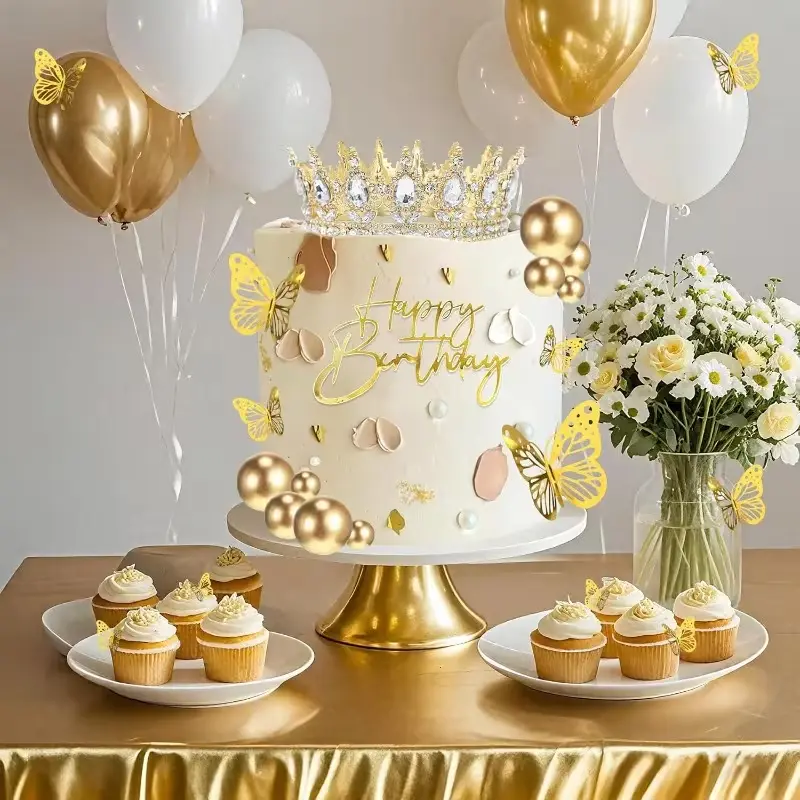 Crown Cake Topper, Gold White Happy Birthday Cake Decor Set, Princess Queen Butterfly Crown Balls Candles Combo, Glitter Acrylic Cake Topper, Corona Para Pastel, Perfect for Women Birthday, Wedding, Bridal Shower, Sweet 16 Party Supplies Decorations