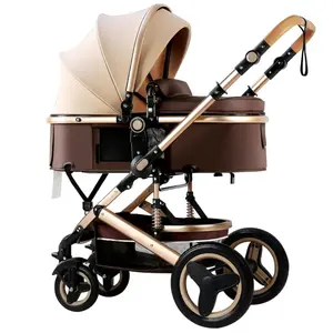 Luxury Baby Stroller 2 in 1 with Bassinet Mode Foldable Infant Stroller High Landscape Reversible Stroller Travel Pram Baby Carriage (Khaki)
