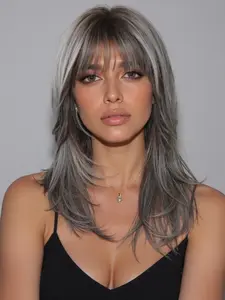 Fashion New Medium-Length Deep Straight Wig with Bangs and Highlights, Synthetic Women's Wig for Work, Life, Parties