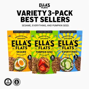 Ella's Flats Variety 3-Pack | Sesame |  Everything | Pumpkin Seed | 4.8oz | Light & Crispy Sesame Seed Crackers Snack Fiber