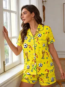 Women's Football World Cup Style Sleepwear, Casual Loose-Fitting Pyjama Set, All-Over Print Homeewear for All Seasons