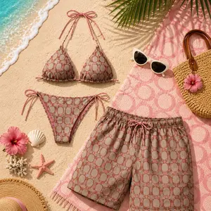 Luxury Couple Matching Swimwear Set – Pink Monogram String Bikini & Hawaiian Beach Shorts, Trendy Summer Vacation Outfit, Sexy Bikini Set for Women, Men’s Swim Trunks, TikTok Viral Beachwear