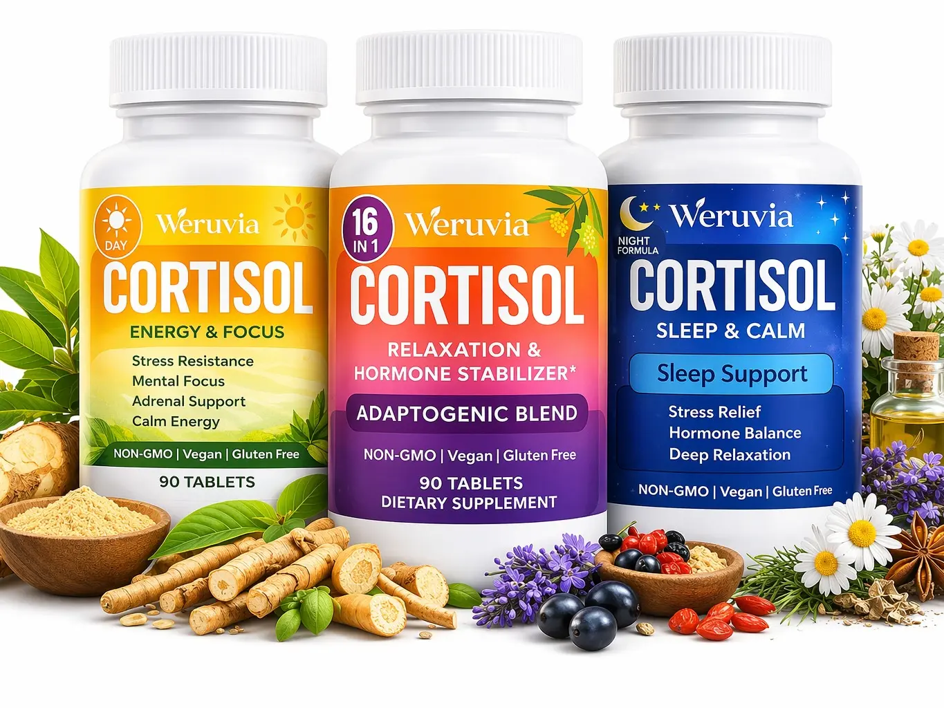 Weruvia Cortisol Support Dietary Supplement Set - Adrenal Support, Daytime Energy & Focus, Nighttime Sleep & Calm, Stress Relief, Hormone Stabilizer, Non-GMO, Vegan