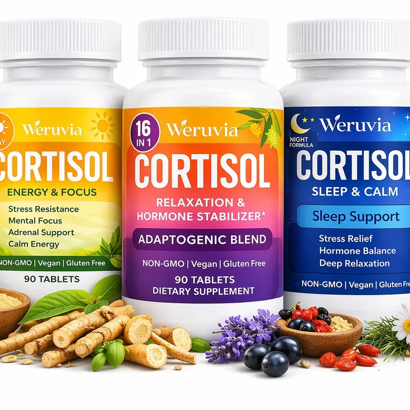 Weruvia Cortisol Support Edible Dietary Set - Vegan, Non-GMO Balance Formula, Adaptogenic Adrenal Support, Daytime Energy Boost, Antistress Sleep Supplements, Night Formula, Hormone Stabilizer