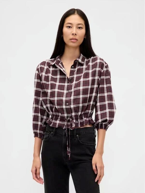 Denim Tie-Waist Top - Oversized Fit Slightly Cropped Spread Collar Elbow Balloon Sleeves Button Front Elastic Waist Tie Detail Black Wash