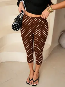 Women's Y2K Polka Dot Mid Waist Capri Leggings, Stretchy Slim Fit Cropped Pants, TikTok Viral Retro 90s Aesthetic Tights, Casual Summer Streetwear Outfits for Daily, Vacation & Going Out