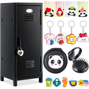 12 Pcs 10.8 Inch Miniature Storage Locker with Lock and 2 Keys Small Cute Functional Locker for Desktop Bedroom Home Office (Black,Panda)