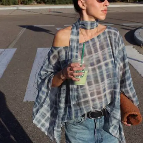 Women's Spring Summer Fashion Vibe Casual Loose Light Plaid Print Cape Top, One Shoulder Scarf Decorated Blouse, Vintage Versatile Vacation Style Shirt, Boho Cottagecore Shirt