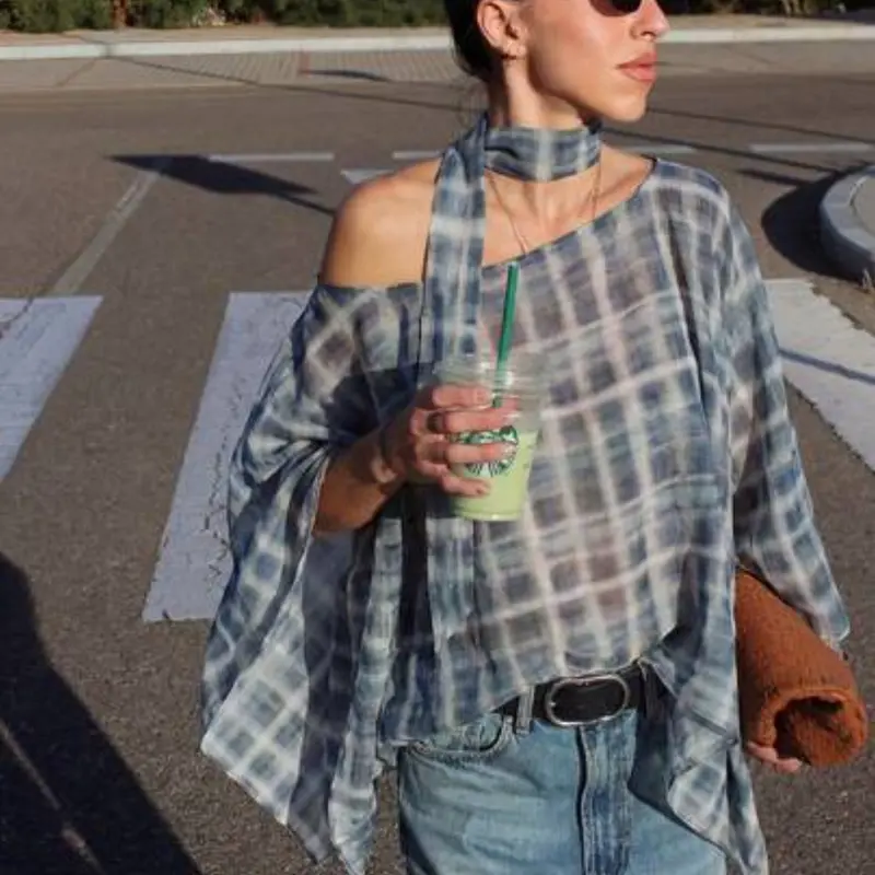 Women's Spring Summer Fashion Vibe Casual Loose Light Plaid Print Cape Top, One Shoulder Scarf Decorated Blouse, Vintage Versatile Vacation Style Shirt, Boho Cottagecore Shirt