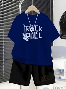 Boys' Trendy "Rock Guitar" Print Casual 2-Piece Set: "Vibrant Music Style + Light Blue 'RO'N ROLL' Guitar Print T-Shirt + Matching Music-Themed Shorts" – A comfortable, vibrant music-inspired 2-piece set for everyday wear