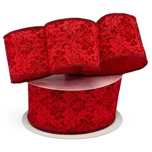 Red Embossed Velvet Baroque Design Wired Ribbon - 2-1/2in. Wide X 10 Yards  - Christmas Ribbon, Holiday Giftwrap (56150801)