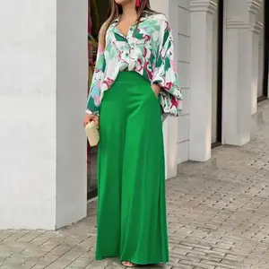 2026 European and American Women's Clothing Autumn Printed Shirt Elegant Wide-Leg Pants Fashion Casual Set