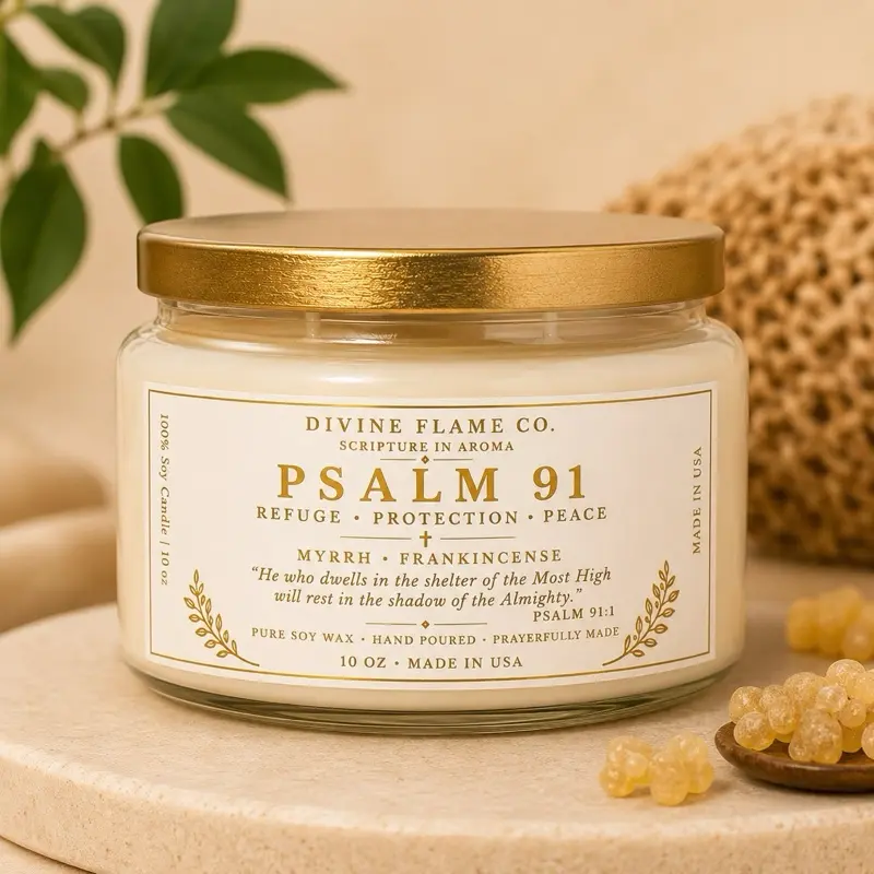 Psalm 91 Protection Candle | Frankincense & Myrrh Soy Candle | Prayer Candle for Peace & Divine Protection | Scripture Candle