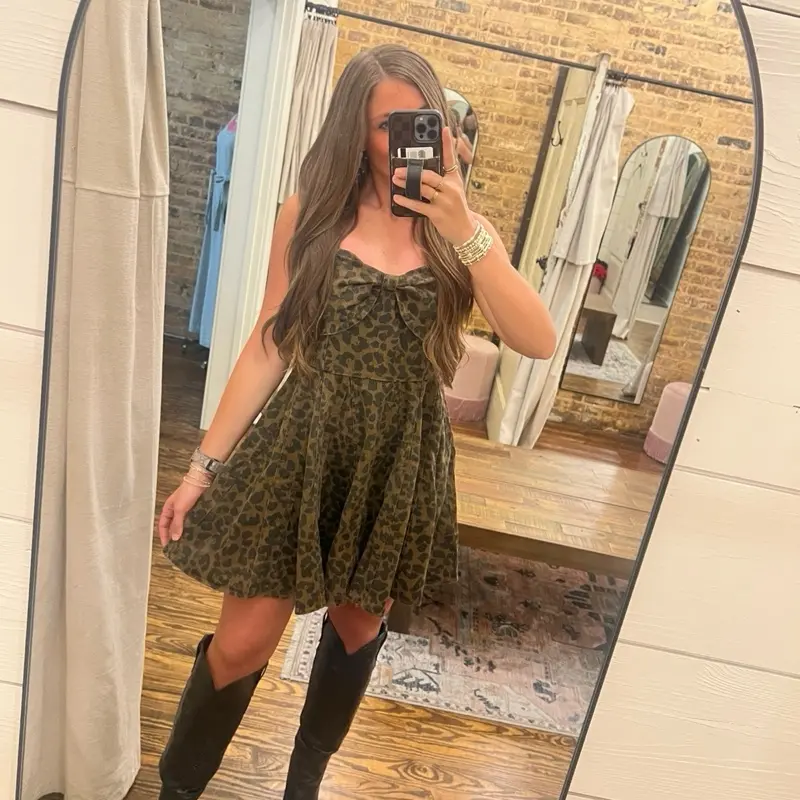Sleeveless Leopard Print Denim Dress with Bow Detail - Denim Dress - Western Wear