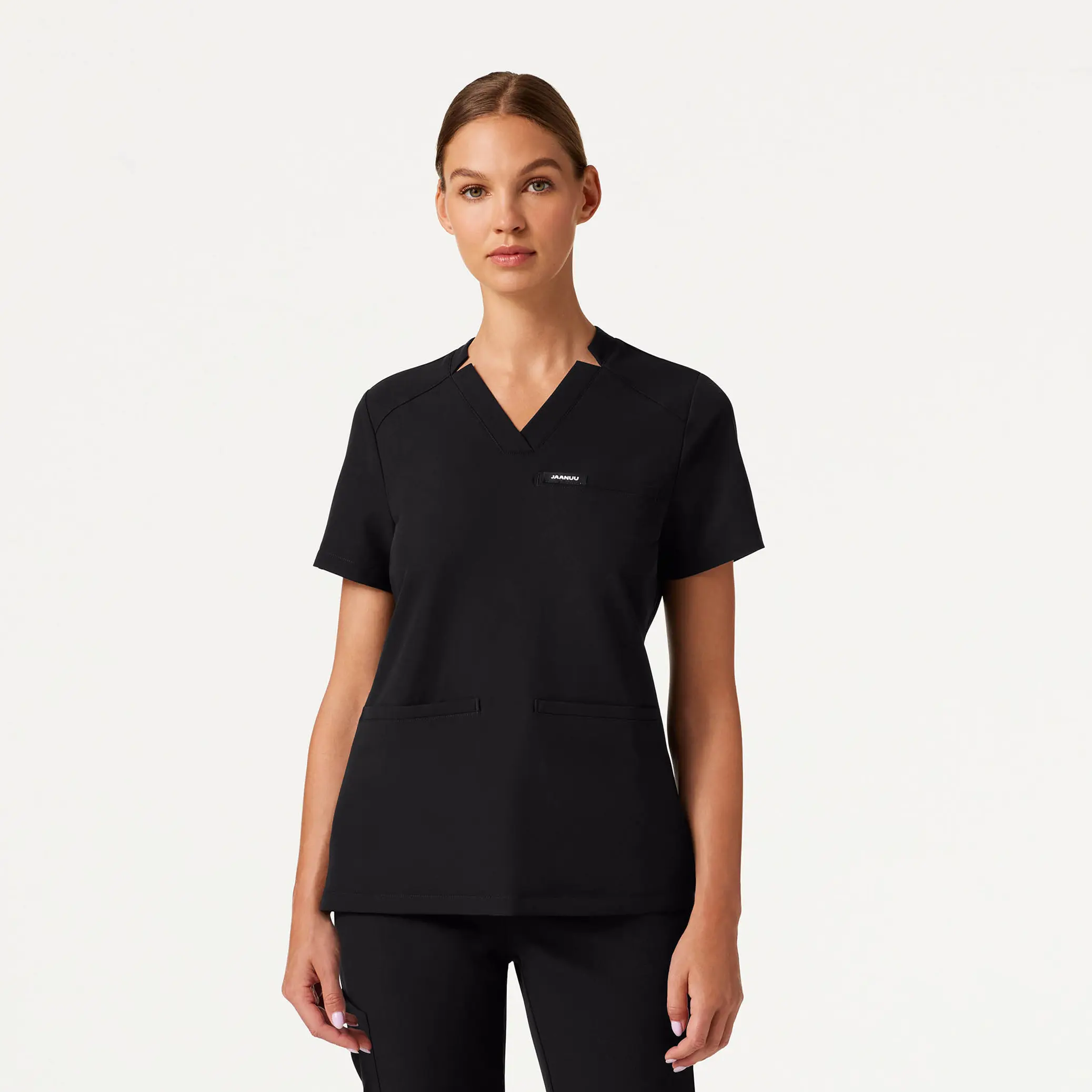 JAANUU Women's Helia Notched V-Neck Scrub Top, Slim Fit Minimalist Everyday Workwear in Soft UltraLAST 4-Way Stretch Fabric with 3 Pockets & Darts, Basic, Polyester, Modern, Rayon, Clothes, Style, Uniforms, Woven, Pfc-Free Water Repellency, Pull On, Machi