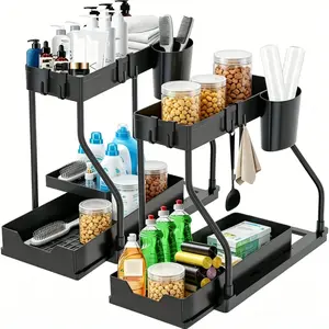 Sliding Under Sink Organizer, 2 Tier Pull Out Cabinet Storage Drawer for Kitchen Bathroom Vanity, Sturdy Metal Organization Rack with Hooks, Space Saving Under Sink Shelf for Cleaning Supplies, All-in-one Home Pantry Organization System,Black/White,2026