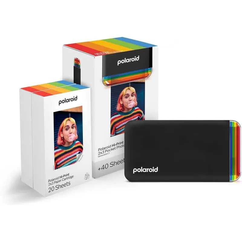 Polaroid Hi-Print 2nd Gen Bluetooth Pocket Photo Printer Bundle Sleek Black 40 Dye-Sub Photo Papers Eco-Friendly 2x3 Inch Prints
