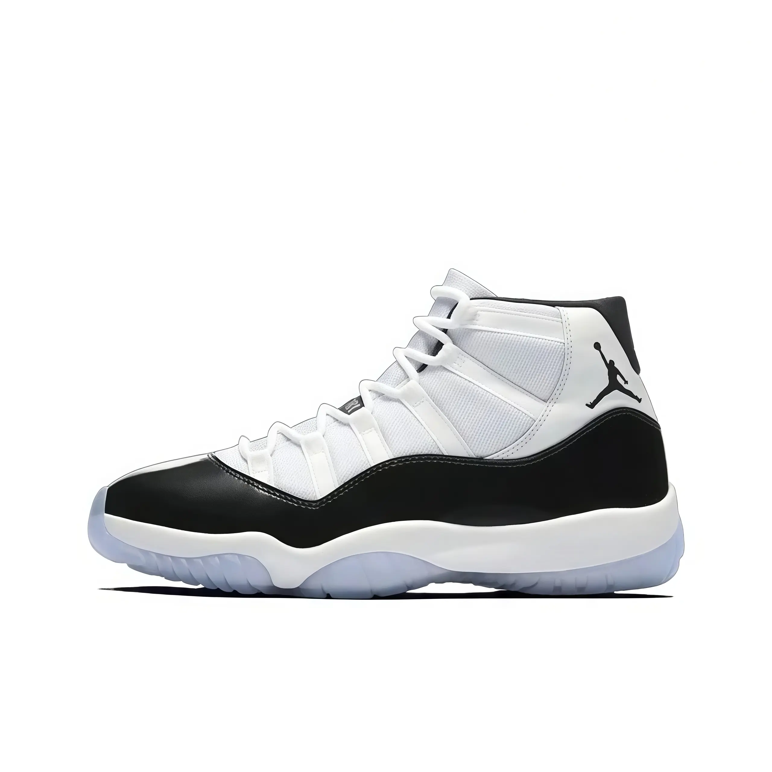 High top basketball sneakers white textile black patent upper translucent icy outsole classic contrast appearance lightweight fit supportive structure popular match unisex outdoor lifestyle sneakers