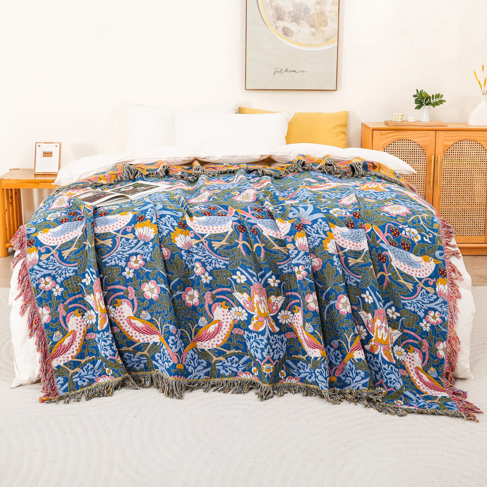 Boho Cotton Muslin Twin Size Bed Throws,100% Cotton Rustic 4 Layer Reversible Bid and Floral Woven Washable Breathable Decor Quilt for Couch Sofa All Seasons,Blue &Yellow