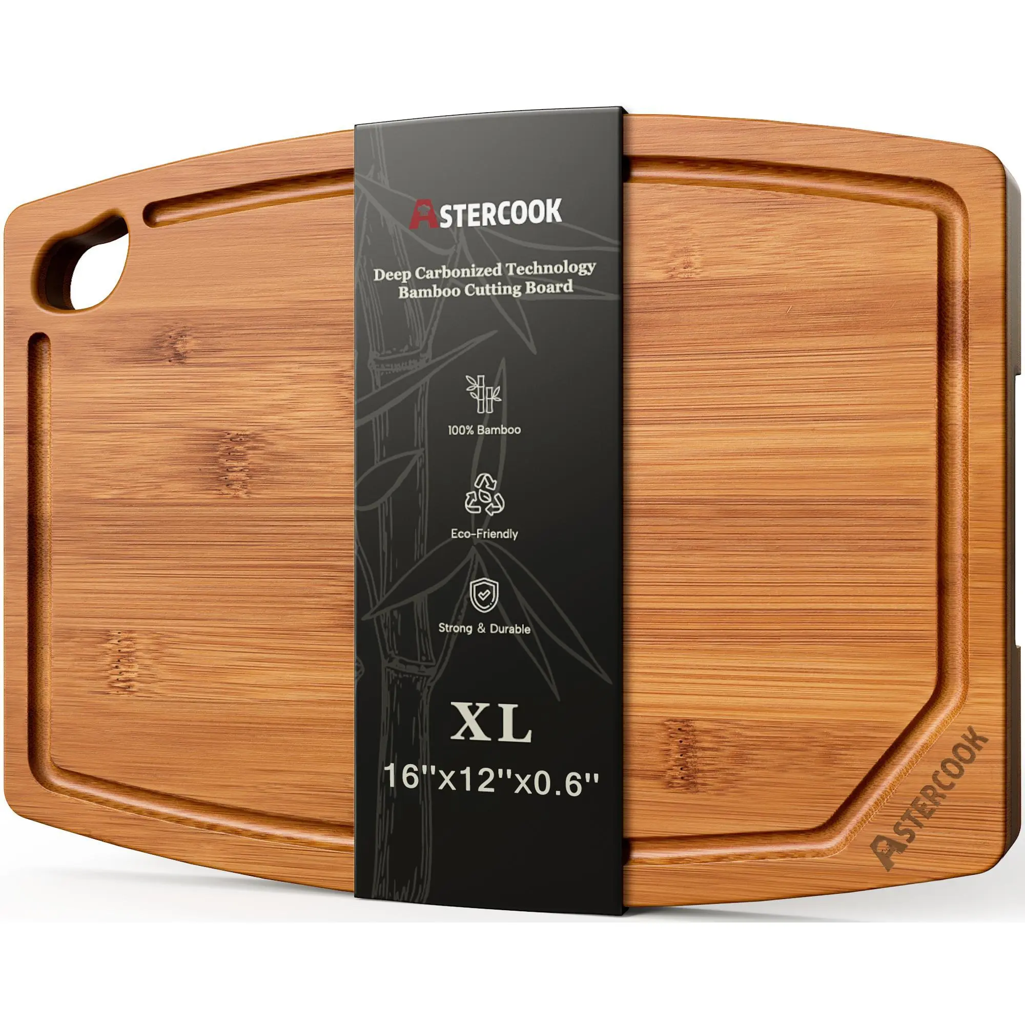 Astercook XL Bamboo Cutting Board, 16 x 12 x 0.6 Inch Deep Carbonized Chopping Board with Juice Groove and Easy-Grip Handle for Meat, Vegetables, Bread, Fruit and Charcuterie