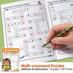 1 math addition and subtraction learning book with 32 pages; 20 addition and subtraction board game grid fill-in game, math problem calculation book, operation arithmetic exercise book for daily practice. Math Puzzles