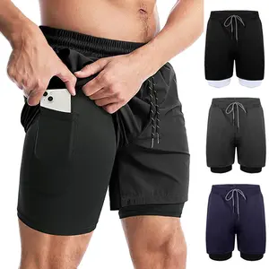2 Pack Mens in Double-Deck Quick Dry Comfortable Breathable Lightweight Gym Sports Fitness Jogging Workout Short Pants Running Shorts for All Seasons Menswear Fabric Compression Layer Elastic Outdoor Plain