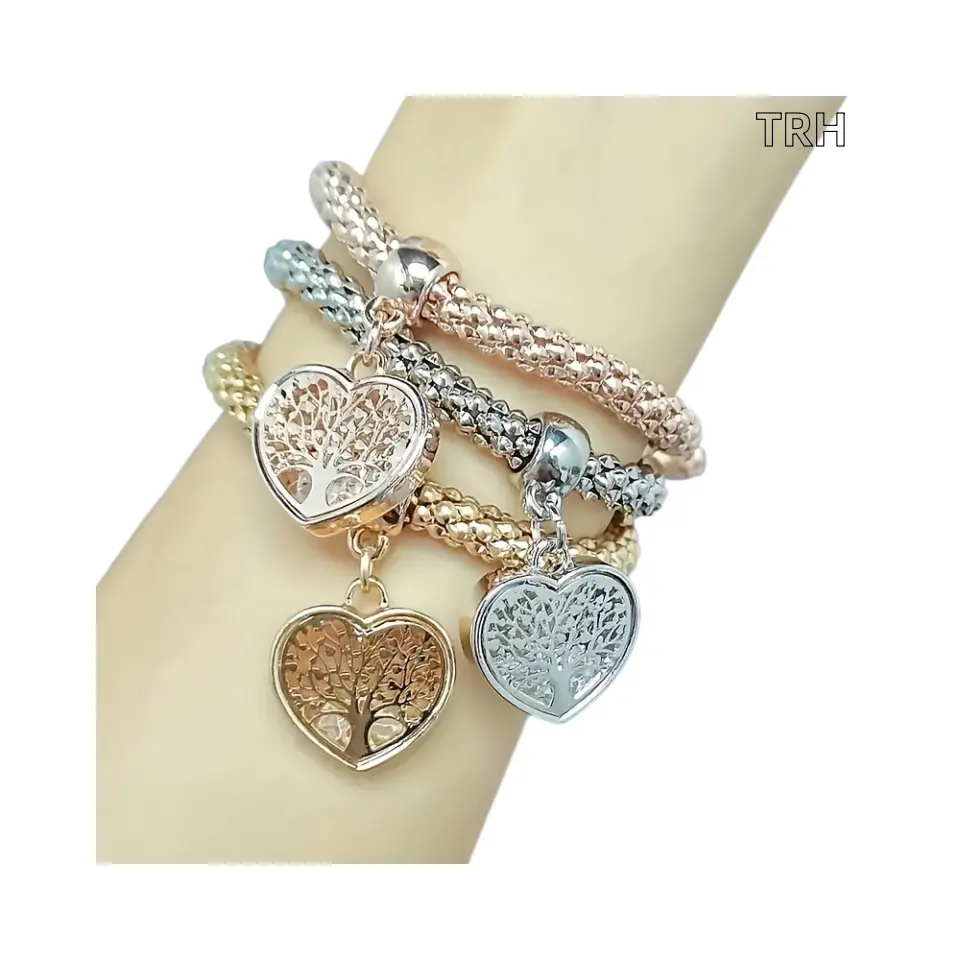 3 Tone Stretch Popcorn Chain Stackable Bracelet Set for Women, 3 Styles Crystal Charm Wrist Jewelry (Lock & Key, Paved Heart, Hollow Tree of Life Heart), Elastic Multi-Layer Dainty Layering Accessory Daily Party Gift