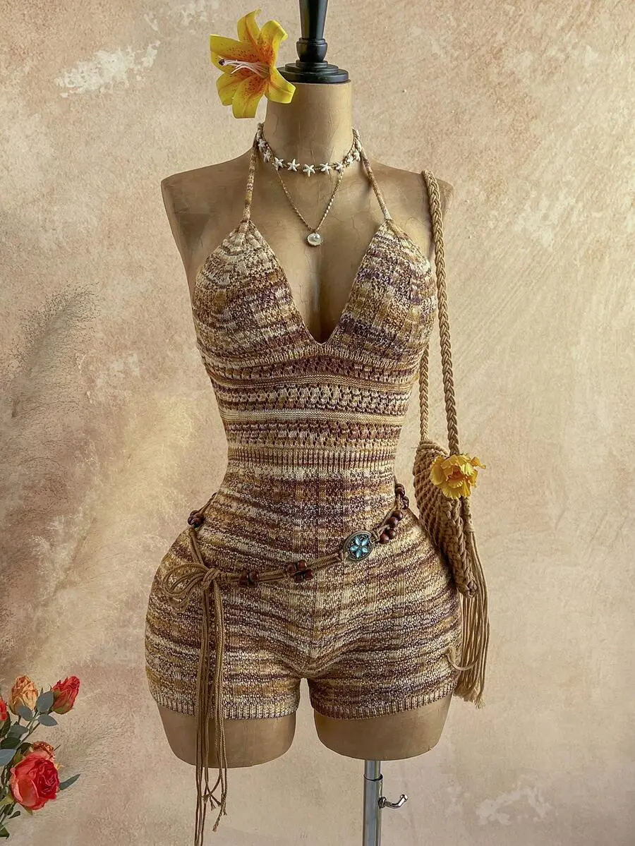 Slayvie New Vintage Brown Ombre V-Neck Backless Fitted Jumpsuit