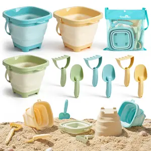 Dreamon Beach Toys (Blue) , 3 Pack Collapsible Sand Buckets for Kids, Shovels & Rakes Set with Mesh Bag, Kids Beach Essentials Sandcastle Building Kit for Beach Trip Outdoor Play and Summer Fun