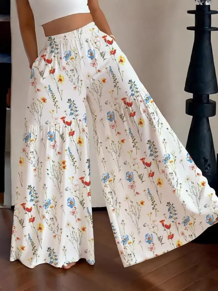 Women's High-Waisted Boho Floral Print Full-Length Pants, Casual Loose-Fit Tiered Wide Legs with Side Pockets, All-Season Polyester Woven Flowy Trousers for Daily Commute & Vacation