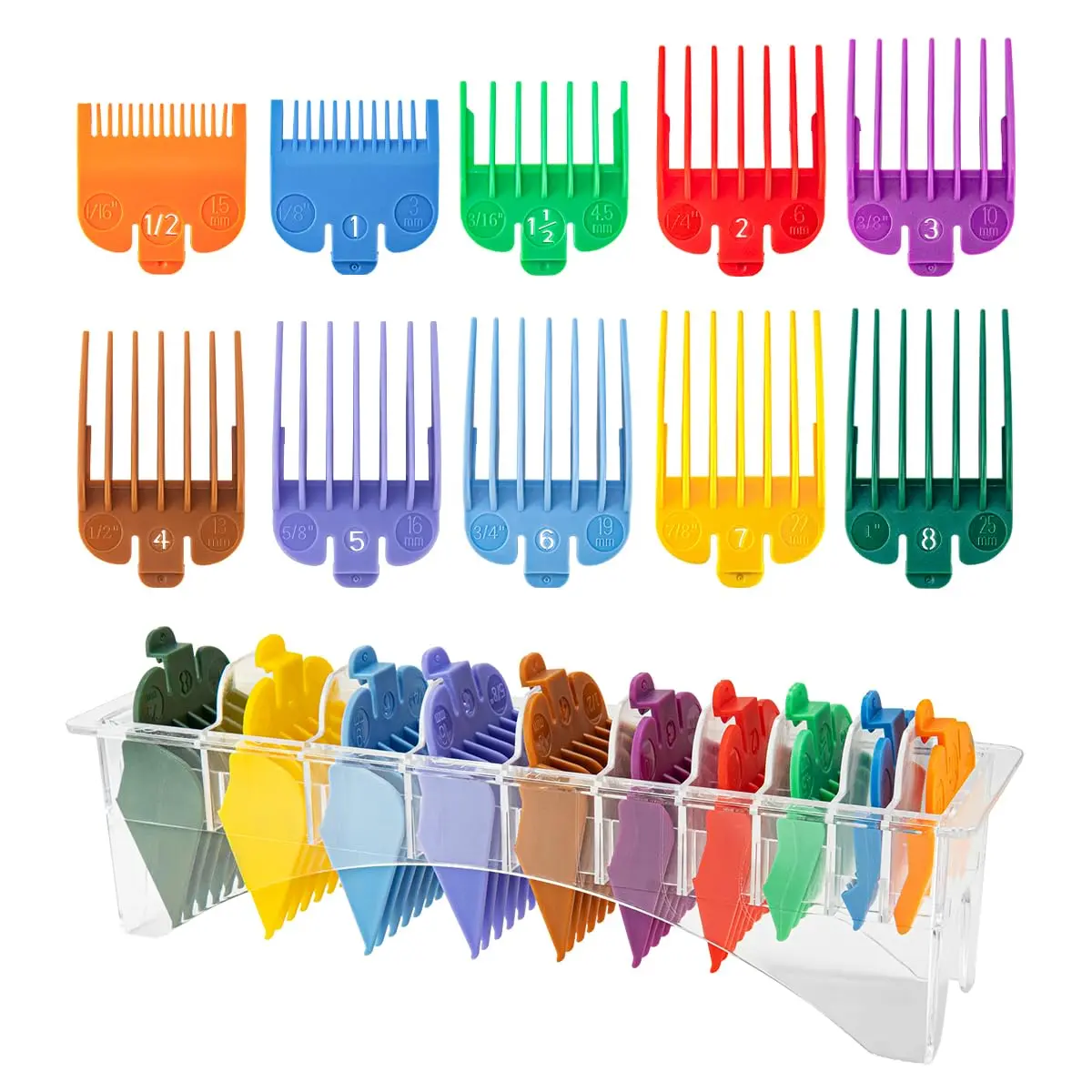 Clipper Guards Set for Most Wahl Clippers with Holder, 10Pcs, Color-Coded Color-coded, with Organizer, 10Pcs Set from 1/16" to 1"