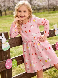 Girls Easter Rabbit Dress Pink Long Sleeve Casual Sundress with Cute Bunny Print A-Line Soft Stretchy Holiday Gift for Kids