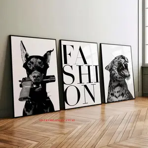 3-Piece Set: Doberman and Leopard-Print Animal Portrait Canvas Wall Art Decoration Collection Leopard Print Design — Modern German Shepherd Theme Posters, Canvas Print, 2D Frameless