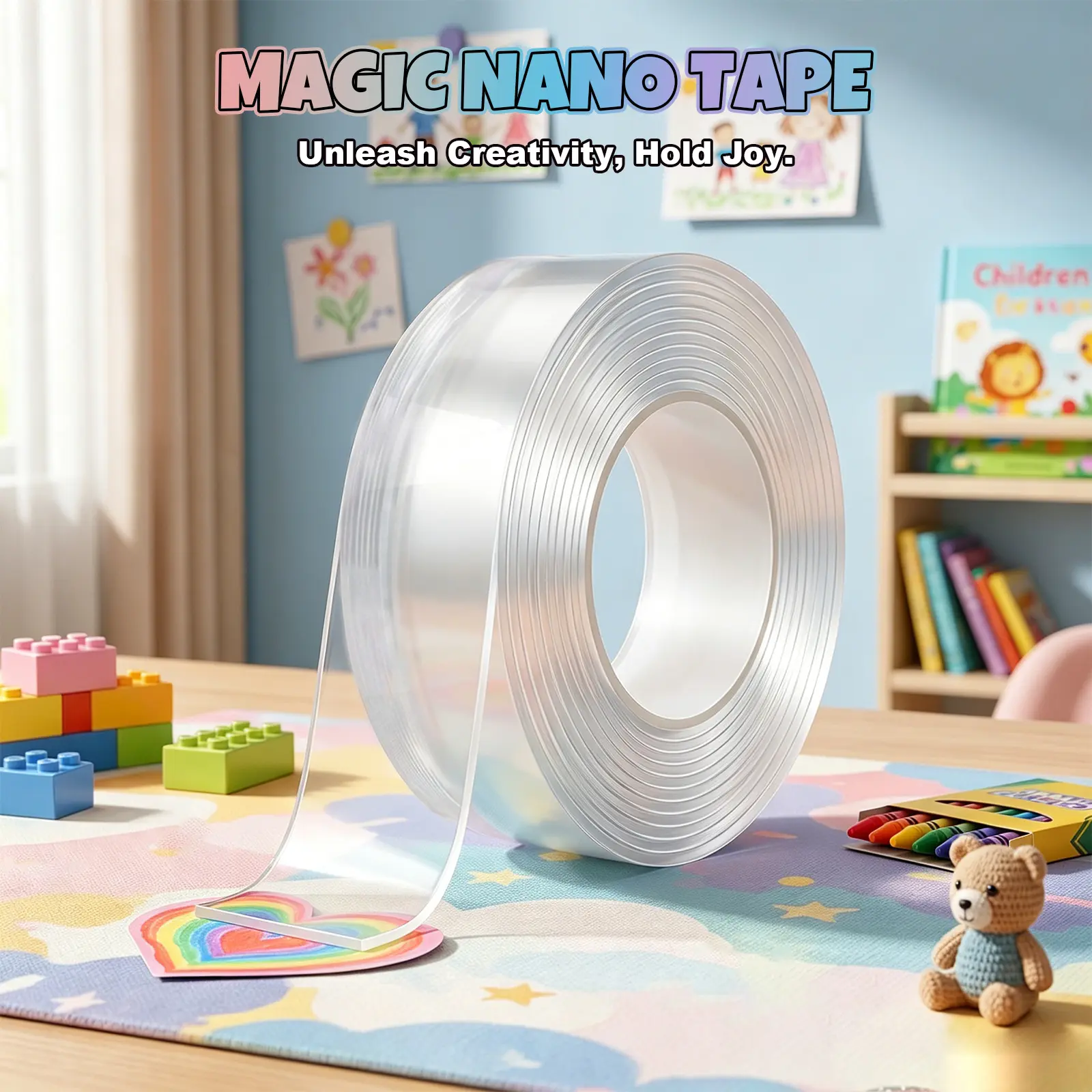 Kids Arts and Craft DIY Nano Tape, 10FT Heavy-Duty Transparent Reusable Double-Sided Adhesive Gel Tape, Waterproof Safe Washable Residue-Free for Wall, Metal, Automotive Accessories (3m x 3cm x 2mm), 3 Meters X 3 Cm X 2 Mm