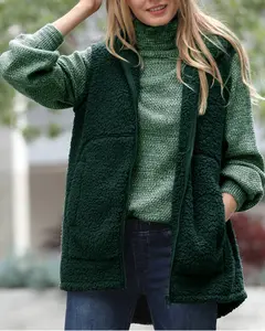 Soft Sherpa High-low Hooded Vest With Pockets