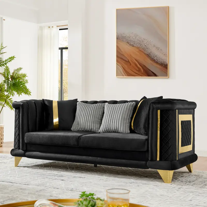 Black Glam Velvet 3-Seat Sofa (89x39x34 in) - Gold Stainless Steel Trims, Exquisite Embroidery Tufted Cushion, Mid-Century Modern Victorian Living Room Couch, 2 Fur & 2 Stripes Pillows, 174.61 lbs, 3-Seat Indoor Furniture