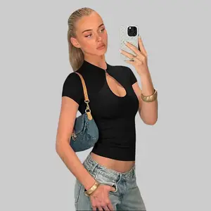 Women's 2026 Spring Summer Mandarin Collar Short Sleeve Front Keyhole Detail Bodycon Crop Top with Smooth Stretchy Fabric Sexy Elegant Glamorous Chic Slim-Fit Party Top