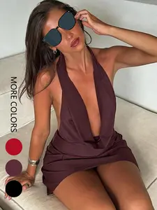 Women's Solid Backless Cowl Neck Bodycon Fit Dress, Womenswear Solid Sleeveless Mini Dress for Party Club Dating Wear, Ladies Summer Clothes Bodycon Formal Party Dress