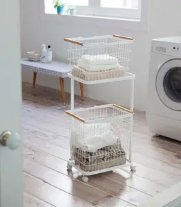 Rolling Laundry Cart + Wire Baskets - Steel + Wood