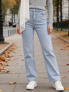 Muslim Women's Light Blue Wide Leg Pants, Elastic Fabric, Casual Fashion, All Seasons, Perfect for Daily Wear and Dates, Loose Palazzo Pants