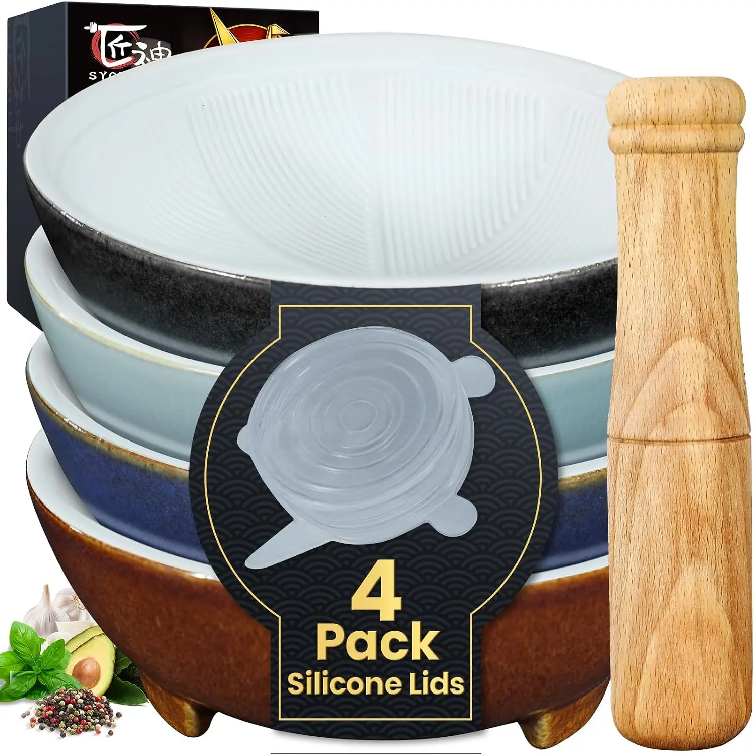 【DealsForYouDays】SYOKAMI 4-Piece Ceramic Mortar and Pestle Kitchen Utensil Set, 1.25-Cup Small Bowl with Grinding Ridges, Silicone Lid, Lightweight Garlic Grinder, Stackable Color-Coded Set, No Flavor Mixing, Wooden Serving Tool for Guacamole Prep