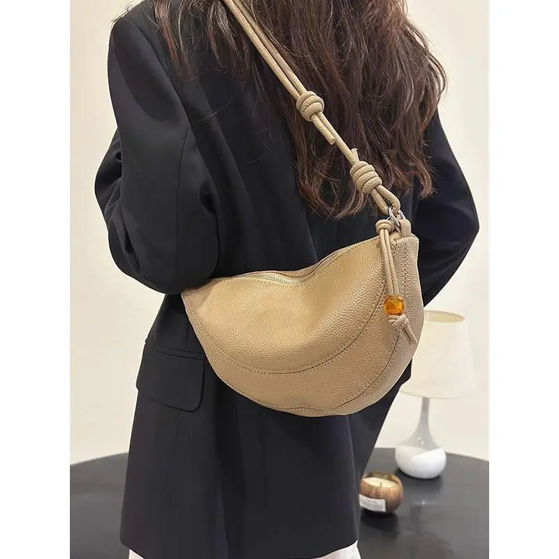 Women's Minimalist Plain Genuine Leather Crescent Crossbody Shoulder Bag - Casual Cow Hide Purse with Zipper Closure, Crescent Shape