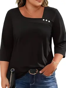 Elegant Square Neck Top, Seven-Quarter Sleeve Button-Up Blouse, Slimming Design, Perfect for Casual Wear, Women's Fashion