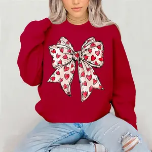 Valentines Bow with red hearts Crewneck Sweatshirt Gildan Everyday Style Super Soft Unisex Fit Streetwear Graphic Top warm Christmas Gift for her Womenswear Casual Printed Long Sleeve